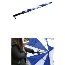 Grand parapluie de golf avec marque Laser Tools Racing à ouverture automatique.

Ouverture automatique par simple pression d'un bouton ; il suffit de tirer jusqu'au déclic pour fermer.
Diamètre de toile : 1 300 mm ; longueur totale du parapluie (fermé) : 1 000 mm.
La poignée en caoutchouc offre une prise robuste mais confortable.
Monture en fibre de verre robuste mais légère pour le transport.
Couleur : toile bleue et blanche avec marque Laser Tools Racing.