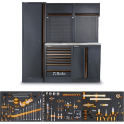 Combinaison de meubles d'atelier C45PRO 2.0 B7W avec un assortiment de 196 outils universels Beta Worker
Combinaison compos&eacute;e de :
- Module fixe avec 7 tiroirs (C45PRO 2.0 M7)
- Module fixe avec 2 portes (C45PRO 2.0 MA)
- 2 planches &agrave; outils perfor&eacute;es (C45PRO 2.0 PF)
- 2 armoires murales (C45PRO 2.0 PM)
- 2 supports muraux type large (C45PRO 2.0 SL)
- 1 support mural type &eacute;troit (C45PRO 2.0 SS)
- 1 armoire &agrave; portes (C45PRO 2.0 AS1)
Plan de travail en bois multicouche (C45PRO 2.0 PWE/2-1,3MT)
Avec un assortiment de 196 outils Beta Worker &agrave; usage universel, dans des plateaux souples en EVA
Dimensions: 2000x645x1960mm