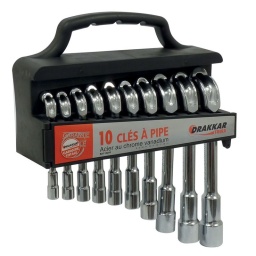 Jeu de 10 clés à pipe débouchées 
6 pans-6pans 
Acier au chrome vanadium
Polies chromées
Dureté 45 à49 HRC
Composition: 8, 9, 10, 11, 12 ,13 ,15 17, 19 ,21mm 
Garantie totale Drakkar 