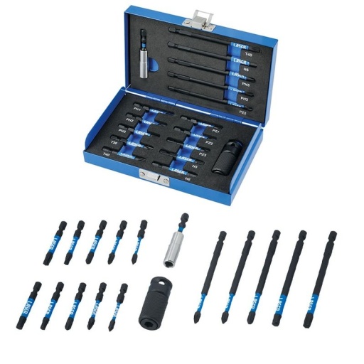 Un jeu d'embouts torsion de 17 pièces, spécifiquement pour une utilisation avec des visseuses à impact.
