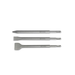 Kit de burins SDS-plus
Contient :
- 1 burin pointu
- 1 burin plat étroit de 20 mm
- 1 burin plat large de 40 mm
