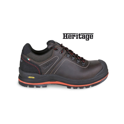 Chaussure basse en cuir pleine fleur gras hydrofuge avec semelle extérieure en caoutchouc VIBRAM® à hautes prestations, insert anti-abrasion sur le talon et couvre-embout renforcé en polyuréthane