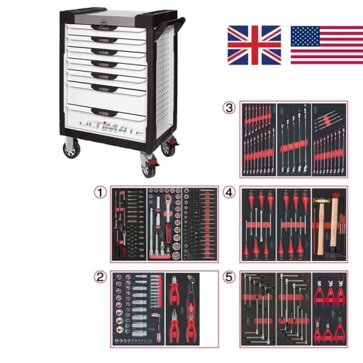 Servante Ultimate blanche 7 tiroirs avec composition 311 outils cote en pouce