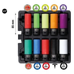 Version robuste
Montage / démontage spécial de roue
6 pans
Carré d’entraînement selon DIN 3121 / ISO 1174
Version longue
Pour actionnement de machines
Revêtement plastique pour ne pas endommager les jantes Aluminium
avec inserts en caoutchouc pour la protection des surfaces au niveau des boulons
Revêtement plastique échangeable
codage couleur d'après la taille
Avec taille spéciale pour Tesla
Avec profil spécial pour Mercedes, Hyundai et Kia
Tête brunie
Chrome-Molybdène
Coffret robuste en matière plastique