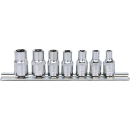 Carré d'entraînement intérieur d'après DIN 3120 / ISO 1174 avec encoche pour verrouillage par bille, pour utilisation manuelle, finition satinée, Chrome Vanadium, y compris rail de rangement