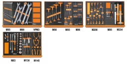 Composition de 170 outils pour la réparation automobile en plateaux mousse compacte
42	clés mixtes 6÷21 mm	
42	clés mixtes 22 - 24 - 27 - 30 - 32 mm	
VPM3		
96T	clés mâles 6 pans à poignée en T 2-2,5-3-4-5-6-7-8 mm	
97TTX	tournevis pour vis Torx® T10-T15-T20-T25-T30	
867PE	embout avec entraînement hexagonal 4-5-6-7-8-10-12 mm	
867PE/L	embout avec entraînement hexagonal 4-5-6-7-8-10-12 mm	
867XZN	embout avec entraînement hexagonal 5-6-8-10-12 mm	
867XZN/L	embout avec entraînement hexagonal 5-6-8-10-12 mm	
867TX	embout avec entraînement hexagonal T20-T25-T30-T40-T45-T50-T55	
867TX/L	embout avec entraînement hexagonal T25-T30-T40-T45-T50-T55	
867RTX	Embout avec entraînement hexagonal Tamper Resistant Torx® T20-T25-T30-T40-T45-T50-T55	
867/1	douille porte-embouts pour 867	
867/2	douille porte-embouts pour 867	
1260	tournevis pour vis à fente 3x75 - 3,5x100 - 4x125 - 5,5x150 - 6,5x150 mm	
1262	tournevis pour vis Phillips® PH0x60 - PH1x80 - PH2x100 mm	
1260N	tournevis à lame courte pour vis à fente 4x30 mm	
1262N	tournevis à lame courte pour vis Phillips® PH1x30 mm	
860LP	Embout coloré pour visseuses pour vis à fente 0,5x3 - 0,6x4,5 - 0,8x5,5 - 1x5,5 - 1,2x6,5 mm	
860PE	Embout coloré pour visseuses pour vis 6 pans creux 2 - 2,5 - 3 - 4 - 5 - 6 - 8 - 10 mm	
860PH	Embout coloré pour visseuses pour vis Phillips® PH0 - PH1 - PH2 - PH3 - PH4	5
860PZ	Embout coloré pour visseuses pour vis Pozidriv® - Supadriv®  PZ1 - PZ2 - PZ3 - PZ4	
860TX	Embout coloré pour visseuses pour vis Torx®  T6-T7-T8-T9-T10-T15-T20-T25-T27-T30-T40	
860RTX	Embout coloré pour visseuses pour vis Tamper Resistant Torx®  T9-T10-T15-T20-T25-T27-T30-T40	
851SR	Poignée porte-embouts à bague de déverrouillage rapide 230 mm	
860/55	Cliquet réversible porte-embouts 100 mm	
882P	rallonge porte-embouts magnétique 80 mm	
892/0	porte-douille pour visseuses 1/4 - 1/4	
35	burins nervurés 100 - 200 mm	
1370	marteau de mécanicien 300 g	
1390	maillet à embouts nylon, manche en bois Ø 35 mm	
920AN/125	rallonge angulaire - 1/2” 125 mm	
920AN/250	rallonge angulaire - 1/2” 250 mm	
920/25	cardan 1/2"	
920/42	poignée coulissante 1/2"	
920/55	cliquet réversible 1/2" 
920A	douilles 6 pans avec carré conducteur femelle 1/2" 10÷24 - 26 - 27 - 30 - 32 mm	
1150BM	pince à becs demi-ronds longs 180 mm	
1166BM	Pince à becs demi-ronds longs 160 mm	
1084BM	Pince coupante diagonale à faible effort de coupe 160 mm	
1032	pinces pour circlips intérieurs à becs droits 180 mm	
1034	pinces pour circlips intérieurs à becs coudés 170 mm	
1036	pinces pour circlips extérieurs à becs droits 175 mm	
1038	pinces pour circlips extérieurs à becs coudés 175 mm