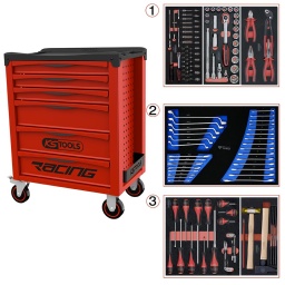 Servante RACING 6 tiroirs


Ouverture totale des tiroirs
Système de fermeture centralisée par serrure latérale
Glissières à roulements à billes
4 roues robustes Ø 125 mm dont 2 directionnelles avec frein
Existe aussi en 5 et 7 tiroirs
Plan de travail en polypropylène (PP) avec règle graduée de 50 cm
Perforations normalisées pour fixation d'accessoires
Divers rangements latéraux dont un porte-flacons amovible
Tapis mousse dans chaque tiroir
Dimensions utiles des tiroirs :
3 x H 55 x L 565 x P 400 mm3 x H 130 x L 565 x P 400 mm
Composition 3 tiroirs : Module clés Brilliant tools , douille 1/4 et 1/2 ultimate ks tools, Pinces et tournevis Ks tools

