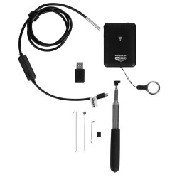 Vidéoscope Wi-Fi
Facilement connectable à votre smartphone via Wi-Fi
Pour smartphone Android( pour les systèmes supérieurs à Android 4.4+) et pour iPhone avec système IOS (supérieur à IOS 8.0)
Caméra HD 5,5 mm
Sans fil et facile à installer
Les photos et vidéos sont stockées directement sur le smartphone
6 mini-LEDS et variateur de lumière
Système transportable et autonome
Maniement optimum dû à la possibilité de travailler avec le bloc d’alimentation autonome
Sondes insensibles à la courbure, car sans fibre optique
Température de service de -15°C à + 50°C
Grand angle de vision grâce à la caméra spéciale située dans la tête de sonde
Très bonne qualité d'image et de vidéo
Possibilité d'enregistrement sous format JPEG
Enregistrement vidéo en MPEG4
Utilisable dans de nombreux cas
Émetteur avec batterie intégrée, indicateur de charge et lumière
Autonomie d'environ 60 minutes
chargement du transmetteur par USB
Avec adaptateur USB permettant de connecter l'appareil photo à un ordinateur portable ou un PC
Crochet, aimant et miroir inclus
Lumière: 6 mini LEDs avec variateur de lumière
Résolution de la caméra: 1600 x 1200 (YUV), 1280 x 720 (photo) = 2,0 mégapixel
Angle de courbure: 15 mm
Résistance: Sonde résistante à l'huile moteur
Technologie de batterie: Lithium-Ion
Tension et capacité de la batterie: 3,7 V / 800 mAh
Angle: 60
Classe de protection: IP67
Profondeur de champ: 3 - 6 cm
Angle de vision en degrés: 60°
Format d'image: JPG, MPEG4
Température de fonctionnement: -15°C à +50°C
Temps de travail: Environ 60 min
Raccord: USB 2.0
Diamètre de la tête en mm: 5.5
Pièces dans le set: 8
Poids en g: 250 