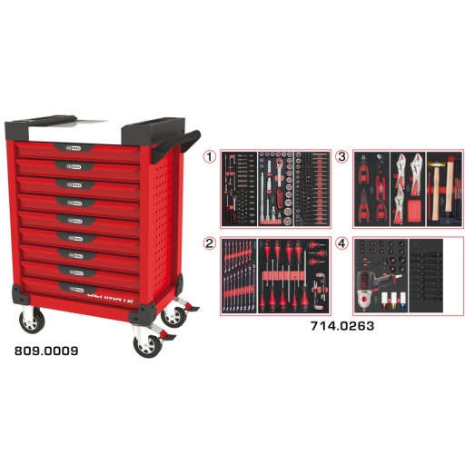 Servante ULTIMATE rouge 9 tiroirs équipée de 263 outils