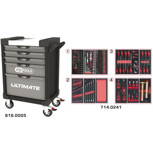 Servante ULTIMATE grise et noire 5 tiroirs équipée de 241 outils