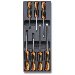 Module tournevis plats-cruciformes 7 pièces
- composition:
3x75-4x100-5.5x150-6.5x150-ph0x60-ph1x80-ph2x100mm - plateau thermoformé rigide 
- 1/4 de tiroir
- 367x147mm - qualité premium beta depuis 1939