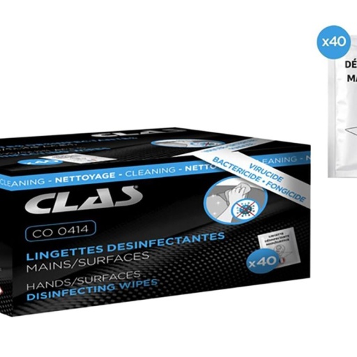 40 lingettes désinfectantes mains/surfaces EN 14476 / EN 1276 / EN 1650