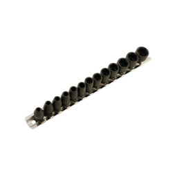Jeu de douillles à impact en 1/4" - 13 pcs Douille à impact 6 pans x 25 mm de long  Taille: 4mm/4.5mm/5mm/5.5mm/6mm/7mm/8mm/9mm/10mm/11mm/12mm/13mm/14mm Fabrication en Chrome Vanadium et Finition noire Finition en noir Fourni sur un rail pour le rangement