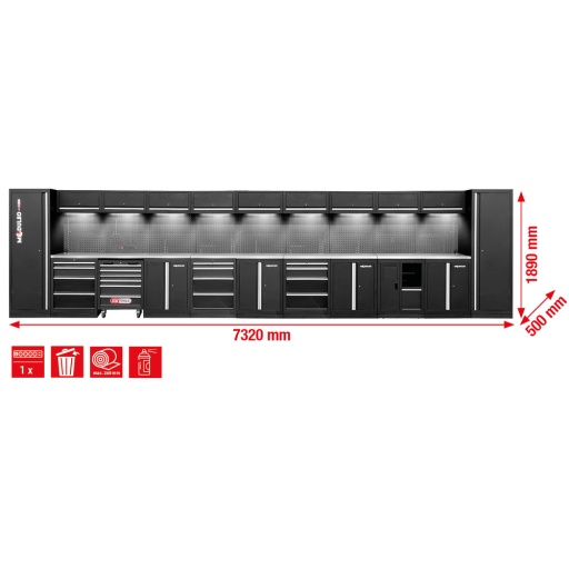 Mobilier d'atelier Moduleo droit 7320 x 500&nbsp;mm variante&nbsp;1 prise et eclairage compris