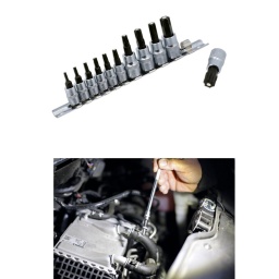 Jeu de 11 douilles à embouts étoile*, dotées d'un insert magnétique pour maintenir fermement la fixation ; tailles T10 à T60. 
Adaptés aux fixations TORX*, les embouts sont en acier S2 de qualité impact, les douilles sont en acier au chrome-vanadium à fini satiné et avec bague moletée pour une meilleure prise. 
Le tout est fourni sur un rail pour un rangement facile.

Douilles à embouts magnétiques étoile*, adaptées aux fixations TORX*.
Embouts de douilles à carré de 1/4" : T10, T15, T20, T25, T27, T30. Longueur : 37 mm.
Embouts de douilles à carré de 3/8" : T40, T45, T50, T55, T60. Longueur : 48 mm.
Douilles en chrome-vanadium à fini satiné, embouts en acier S2 de qualité impact. Fournies sur rail, pour un rangement facile.
*TORX® et TORX PLUS® sont des marques déposées d'Acument Intellectual Properties LLC