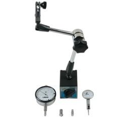 Ensemble d'outils de mesure - 3 pièces 2 comparateurs à cadran avec support magnétique. 1  comparateurà cadran : 60 mm de diamètre 0-10 x 0,01 mm. 1  comparateurà cadran :  30 mm de diamètre 0-0,8 x 0,01 mm. Aimant commutable haute résistance combiné à une base  peu profonde en V permettant la fixation sur des surfaces planes et incurvées. Fournis dans un coffret de rangement moulé par soufflage.