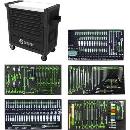 SERVANTE D&rsquo;ATELIER 8 TIROIRS 434 OUTILS
Composition de modules id&eacute;ale pour usage universel
Rangement ordonn&eacute; des outils gr&acirc;ce aux emplacements pr&eacute;cis
Tr&egrave;s grande stabilit&eacute;
Parois lat&eacute;rales avec per&ccedil;ages pour accrocher divers accessoires
Syst&egrave;me de fermeture centralis&eacute;e par serrure
dimensions tiroirs 572x400x52mm
Composition 5 tiroirs :
T1 :
1/4&ldquo;: 4 - 5 - 5,5 - 6 - 7 - 8 - 9 - 10 - 11 - 12 - 13 mm
1/4&ldquo;longues: 5 - 5,5 - 6 - 7 - 8 - 9 - 10 - 11 - 12 - 13 - 14 mm
1/4&ldquo;: E4 - E5 - E6 - E7 - E8 - E10 - E11
3/8&ldquo;: 6-7-8-9-10-11-12-13-14-15-16-17-18-19-22-24mm
3/8&ldquo;: E12 - E14 - E16 - E18 - E20
3/8 choc : 8-10-11-12-13-14-15-16-17-19 mm
40 douilles 1/4 vissage torx, cruci, plats, hexa
2 cliquets 1/4 3/8 
1 poign&eacute;e 1/4

T2
1/2 12 pans :: 8-9-10-11-12-13-14-15-16-17-18-19-20-21-22-24-26-27-30-32mm
1/2 longue 6 pans :8-9-10-11-12-13-14-15-16-17-18-19-20-21-22-24-27-30-32-36mm
Douille m&acirc;le 6 pans 1/2 longue et courte : 5 - 6 - 7 - 8 - 10 - 12 - 14 - 17 mm 
Douille xzn 1/2 longue et courte :  M5 - M6 - M8 - M10 - M12 - M14
Douille torx 1/2 longue et courte :  T20 - T25 - T27 - T30 - T40 - T45 - T50 - T55
cliquet 1/2 

T3 :
tv plats 3 - 4 - 5,5 - 6,5 mm
Cruciformes PH0 - PH1 - PH2 - PH3
tv torx : T6-T7-T8-T9-T10-T15-T20-T25-T27-T30
6 pinces

T4
Cl&eacute; mixte: 6 - 7 - 8 - 9 - 10 - 11 - 12 - 13 - 14 - 15 - 16 - 17 -18 - 19 - 20 - 21 - 22 - 23 - 24 - 27 mm
Cl&eacute; contre coud&eacute;e : 6x7-8x9-10x11-12x13-14x15-16x17-18x19-20x22-30x32mm
Cl&eacute; mixte cliquet : 8 - 9 - 10 - 11 - 12 - 13 - 14 - 15 - 16 - 17 - 18 - 19 mm
Cl&eacute; &agrave; tuyauter : 10x11 12x13mm
Cl&eacute; torx fem : E6xE8-E7xE11-E10xE12-E14xE18-E16xE22  

T5 
Martellerie multi outils
