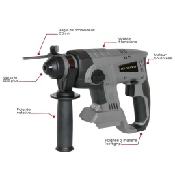 Perforateur Sds 20v 2.2j Sans Batterie Et Chargeur
Descriptif : 
Verrouillage de la broche. 
Frein moteur électrique instantané. 
4 fonctions : perçage, perçage à percussion, perforation, burinage. 
Vitesse de rotation nominale : 0-1420 tr/min. 
Mandrin : SDS plus. 
Poignée rotative. 
Règle de profondeur. 
Poignée bi-matière. 
Eclairage LED de la zone de travail. 