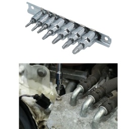 Jeu de sept éléments de dépose de fixations hexagonales endommagées à carrés de 1/4" et 3/8". Le profil spécial permet la dépose de fixations Torx® fortement endommagées ou arrondies.

3 embouts de douille à carré de 1/4" : T10, T15, T20. Longueur : 37 mm.
4 embouts de douilles à carré de 3/8" : T25, T27, T30, T40. Longueur : 43 mm.
Douille en chrome-vanadium, embouts en acier S2.
Fourni sur rail métallique pour un rangement facile.
Jeu d'extracteurs pour fixations hexagonales endommagées - voir la référence Laser 8052.