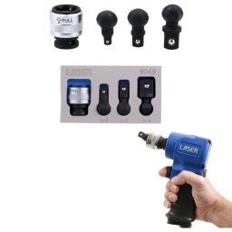 Cardan à carré de 1/2" conçu pour être utilisé avec des clés à chocs, qui comprend des adaptateurs d'entraînement interchangeables à carré de 1/4, 3/8 et 1/2" qui peuvent être verrouillés dans le support à ressort à l'aide d'un collier à dégagement rapide. 
L'angle de travail de 40º et la rotation de 360º garantissent que cet adaptateur de douille pivotant est idéal pour les fixations dont l'accès est très limité dans les baies de moteurs et les espaces confinés.

Cardan à carré de 1/2" avec 3 têtes d'entraînement à impact interchangeables ; carré de 1/4, 3/8 et 1/2".
L'angle de travail de 40° avec une rotation de 360° permet un meilleur accès dans les endroits difficiles d'accès.
En chrome-molybdène.
Présentés dans un plateau en mousse EVA (37 x 80 x 150 mm), pratique pour le rangement par l'utilisateur et limitant les déchets d'emballage.
Un jeu de cardans à carré de 3/8" est également disponible, voir la référence Laser 9048.