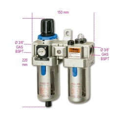 -Appareils modulaires composés d'un filtre de condensation et d'un lubrificateur
-Le groupe comprend : filtre régulateur de pression équipé d'un dispositif de blocage, mélangeur air/huile de type à micro-brouillard avec régulateur d'intensité, cuves en polycarbonate avec soupape de décharge eau semi-automatique, manomètre analogique à double échelle (bars-psi), bride de fixation
