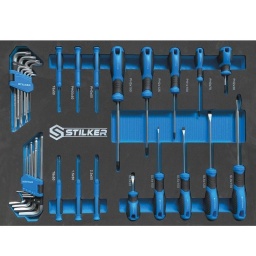 Module mousse plein tournevis et cles males - 34 outils
Composition : - 5 tournevis plats : 2x38 - 4x100 - 5x100 - 6x125 - 8x150mm

- 5 tournevis Phillips® : PH2x38 - PH0x75 - PH1x100- PH2x100 - PH3x150mm

- 6 tournevis de précision : PH0x50 - PH00x50 - T6x50 - T8x50 - 1,5x50 - 2,5x50mm

- 9 clés mâles hex : 1,5-2-2,5-3-4-5-6-8-10mm

- 9 clés mâles Torx® : 10-15-20-25-27-30-40-45-50

Pour servantes réf.09146, réf.09246, réf.09248