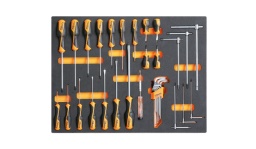 Composition pour mobilier C35
1260	tournevis pour vis à fente 2,5x50 - 3x75 - 3,5x100 - 4x100 - 5,5x125 - 6,5x150 - 8x200 mm	
1260N	tournevis à lame courte pour vis à fente 4x30-6,5x30 mm	
1262	tournevis pour vis Phillips® PH0x60 - PH0x100 - PH1x80 - PH1x120 - PH2x100 - PH2x150 - PH3x150 mm	
1262N	tournevis à lame courte pour vis Phillips® PH1x30-PH2x30 mm	
1253	tournevis détecteur de tension 
96BPC/SC9	clés mâles 6 pans coudées à tête sphérique 
951	clés mâles 6 pans en T 2,5-3-4-5-6-8 mm
Dimensions des tiroirs 600x447mm