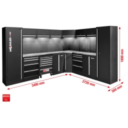 Structure robuste en t&ocirc;le d&rsquo;acier de 0,8&nbsp;mm d&rsquo;&eacute;paisseur
Rev&ecirc;tement par poudrage de haute qualit&eacute;
Syst&egrave;me modulaire
Aucune fixation murale n&eacute;cessaire&nbsp;: peut &ecirc;tre mont&eacute; de mani&egrave;re ind&eacute;pendante
Plan de travail en acier inoxydable de haute qualit&eacute; avec structure en MDF
6&nbsp;LED magn&eacute;tiques c&acirc;bl&eacute;s inclus pour un &eacute;clairage optimal de la zone de travail
Tapis d&rsquo;atelier de haute qualit&eacute; inclus
Combinaison de prises commutables int&eacute;gr&eacute;es dans le panneau arri&egrave;re avec 4&nbsp;Schuko, 1&nbsp;USB-A et 1&nbsp;USB-C 2,1&nbsp;A
Servante d&rsquo;atelier int&eacute;gr&eacute;e avec 6&nbsp;tiroirs (4x 75&nbsp;mm, 2x 150&nbsp;mm)
2&nbsp;armoires basses avec 4&nbsp;tiroirs
Dimensions int&eacute;rieures des tiroirs&nbsp;: 568 x 407&nbsp;mm
Glissi&egrave;re &agrave; roulements &agrave; billes
2 x Armoire XXL avec 5&nbsp;&eacute;tag&egrave;res (1x fixe + 4x variables)
2&nbsp;armoires basses avec 2&nbsp;&eacute;tag&egrave;res (1 fixe + 1 variable)
6&nbsp;armoires suspendues avec 2&nbsp;v&eacute;rins &agrave; gaz pour chacune d&rsquo;entre elles
Pi&egrave;ce d&rsquo;angle avec grand espace de rangement et &eacute;tag&egrave;re
Panneau post&eacute;rieur avec perforation carr&eacute;e pour crochets, &oelig;illets et autre mat&eacute;riel de fixation (matrice du trou 10 x 10&nbsp;mm, d&eacute;coupe 38&nbsp;mm)
Capacit&eacute; de charge des tiroirs jusqu&rsquo;&agrave; 35&nbsp;kg
Capacit&eacute; de charge des armoires suspendues jusqu&rsquo;&agrave; 30&nbsp;kg
Capacit&eacute; de charge des &eacute;tag&egrave;res jusqu&rsquo;&agrave; 25&nbsp;kg
Instructions de montage et outils de montage inclus
Pieds r&eacute;glables pour un alignement pr&eacute;cis sur les sols irr&eacute;guliers
Les plinthes cachent les pieds de r&eacute;glage et emp&ecirc;chent l&rsquo;accumulation de salet&eacute;s
Composants verrouillables pour plus de s&eacute;curit&eacute;

