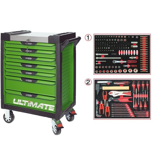 Servante Ultimate verte 7 tiroirs avec composition 184 outils 