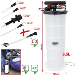 Pour purger et remplir et purger proprement, rapidement et simplement
Pour huile moteur, huile de boite, huile hydraulique, liquide de frein, eau...
Pour une utilisation pneumatique ou manuelle avec la pompe intégrée
Choisir la sonde adaptée et aspirer
L'aspiration est automatiquement intérompue lorsque le récipent est plein
Avec soupape de sécurité pour plus de sécurité
Pompe résistante et tête de pompe renforcée
Livré avec 4 sondes
Les flexibles de grande longueur permettent un travail dans des endroits difficilement accessibles
Les tuyaux sont résistants à l'essence et aux huiles
Polyéthylène
