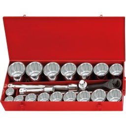 Cliquet réversible 24 dents 
Finition satinée 
Chrome Vanadium 
Coffret de rangement 

