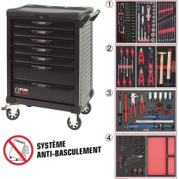 Servante d'atelier ks tools 7 tiroirs
- tiroir ouverture one by one antibasculement
- système fermeture centralisee par serrure
- plan de travail avec range visseries
- 4 roues robustes 125mm (2 directionelles avec freins)
- dimensions :
h 1016 x l 680 x p 455mm triroirs 
6 x h55xl565xp405mm 1 xh205xl565xp405mm charge par tiroirs 45kg
poids vide de la servante 54.5kg
résistance statique 500kg
servante atelier de la marque ks tools. avec noir complet du plus belle effet. parfaite pour une utilisation dans les milieux salissants (garage. industrie...)
Compo ks tools 4 tiroirs 714.0239
Douilles et acessoires :
Tiroir 1 :
- Douille 6 pans 1/4" : 4 à 14 mm finition ultimate, avec douilles longues 1/4 , accéssoires 1/4, cliquet ultimate
- Douille 6 pans 1/2" : 10 à 32 mm finition ultimate, avec accessoire 1/4 et cliquet ultimate
- Clés mixtes 6 à 22 mm série 922.
Tiroir 2 :
- Pinces série utlimate , ouverture facile
- Tournevis finition ultimate :
Fente 4 à 8 mm - PH1 à PH3
- Outils de frappe marteau, maillet, burin et chasse goupille
Tiroir 3
- Outils pour le démontage des roues, clé dynamometrique, pince arrache masse, levier dépose enjoliveur, démonte obus, arrache obus, démonte pneus, douille jantes alu 15-17-19-21-22mm
Tiroir 4
- Clé à chocs Mini Monster 1390Nm
- Douilles à chocs 1/2" 6 pans : 12 à 32 mm
- 3 douilles arrache écrous spiralées pour écrous antivol 17-19-21mm