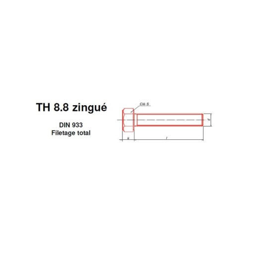Vis tête héxagonale qualité 8.8 zingué filetage total du diamètre 3 à 36mm