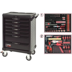 Servante d'atelier ks tools 7 tiroirs
- tiroir ouverture one by one antibasculement
- système fermeture centralisee par serrure
- plan de travail avec range visseries
- 4 roues robustes 125mm (2 directionelles avec freins)
- dimensions :
h 1016 x l 680 x p 455mm triroirs 
6 x h55xl565xp405mm 1 xh205xl565xp405mm charge par tiroirs 45kg
poids vide de la servante 54.5kg
résistance statique 500kg
servante atelier de la marque ks tools. avec noir complet du plus belle effet. parfaite pour une utilisation dans les milieux salissants (garage. industrie...)
- Composition 184 outils
Tiroir 1 : Douille 1/4 - douille 1/2 - douille longue 1/4 douille torx femelle - embout allen torx XZN
Tiroir 2: clés mixte. pinces. tournevis. cle allen. marteau