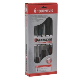 Jeu de 6 tournevis 
Garantie totale Drakkar
Composition: 3 mécaniciens:
3x75 - 5,5x125 - 6,5x150
3 cruciformes PZ: 
PZ1x75 - PZ2x100 -PZ3x150
 
