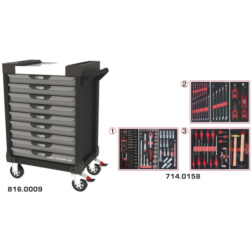 Servante ULTIMATE grise et noire 9 tiroirs équipée de 158 outils