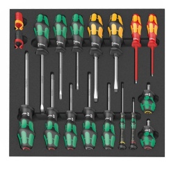 Module tournevis wera
Insert en mousse haut de gamme, hydro oléofuge facile à entretenir et à nettoyer
Composition plats et cruciformes
Module 344x392mm