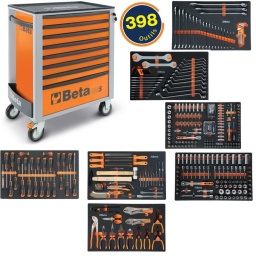 Servante d'atelier 8 tiroirs Beta C24s avec 398 outils Beta easy 6 tiroirs Composition 398 pièces maxi douilles - Module pinces 13 pièces - Module clés mixtes 31 pièces (6 à 32mm) jeu clé allen - Module clé fourches, contre coudée, clé Torx 30 pièces - Module tournevis Evox 25 outils - Module douilles 1/2 78 pièces - Module douilles 1/4 3/8 196 pièces - Module scie marteau 25 pièces Servante d'atelier 8 tiroirs betatools série c24s caracteristiques principales : - 7 tiroirs de 588x367 mm montes sur glissieres à billes de précision : 7 tiroirs hauteur 70 mm 1 1 tiroir hauteur 210mm - fond des tiroirs protege par un tapis en néoprène. - quatre roues de 8