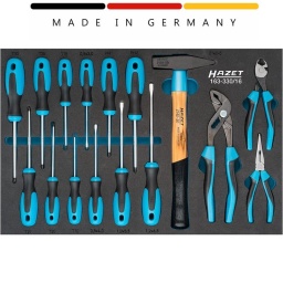 Module tournevis pinces marteau 16 pièces
Garniture en mousse souple bimatière « Safety-Insert-System » (SIS) HAZET
Sortie : Profil Phillips PH, Profil à fente, Profil TORX® intérieur
Dimensions / longueur : 519 mm x 342 mm
810/6	Jeu de tournevis Profil Phillips PH, Profil à fente ∙ 0.5 x 3 – 1.2 x 6.5 ∙ PH1 – PH2 ∙ Nombre d'outils : 6	
810T/6	810T/6	Jeu de tournevis Profil TORX® intérieur ∙ T 10 – T 30 ∙ Nombre d'outils : 6	
1859SPC/3	1859SPC/3	Jeu de pinces 3 x ∙ Nombre d'outils : 3	
2140-50	2140-50	Marteau de mécanicien BluGuard
