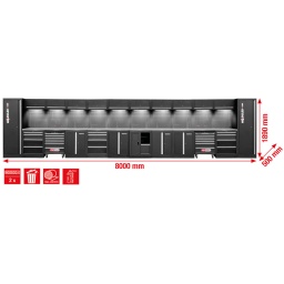 Structure robuste en t&ocirc;le d&rsquo;acier de 0,8&nbsp;mm d&rsquo;&eacute;paisseur
Rev&ecirc;tement par poudrage de haute qualit&eacute;
Syst&egrave;me modulaire
Aucune fixation murale n&eacute;cessaire&nbsp;: peut &ecirc;tre mont&eacute; de mani&egrave;re ind&eacute;pendante
Plan de travail en acier inoxydable de haute qualit&eacute; avec structure en MDF
10&nbsp;LED magn&eacute;tiques c&acirc;bl&eacute;s inclus pour un &eacute;clairage optimal de la zone de travail
2&nbsp;tapis d&rsquo;atelier de haute qualit&eacute; inclus
2&nbsp;combinaisons de prises commutables int&eacute;gr&eacute;es dans le panneau arri&egrave;re avec 4&nbsp;Schuko, 1&nbsp;USB-A et 1&nbsp;USB-C 2,1&nbsp;A
2 servantes d&rsquo;atelier int&eacute;gr&eacute;es avec 6&nbsp;tiroirs (4x 75&nbsp;mm, 2x 150&nbsp;mm)
3&nbsp;armoires basses avec 4&nbsp;tiroirs (1x 75&nbsp;mm, 1x 150&nbsp;mm, 2x 230&nbsp;mm)
Dimensions int&eacute;rieures des tiroirs&nbsp;: 568 x 407&nbsp;mm
Glissi&egrave;re &agrave; roulements &agrave; billes
2 x Armoire XXL avec 5&nbsp;&eacute;tag&egrave;res (1x fixe + 4x variables)
4&nbsp;armoires basses avec 2&nbsp;&eacute;tag&egrave;res (1 fixe + 1 variable)
10&nbsp;armoires suspendues avec 2&nbsp;v&eacute;rins &agrave; gaz pour chacune d&rsquo;entre elles
&Eacute;l&eacute;ment pour rouleau de papier avec poubelle
Panneau post&eacute;rieur avec perforation carr&eacute;e pour crochets, &oelig;illets et autre mat&eacute;riel de fixation (matrice du trou 10 x 10&nbsp;mm, d&eacute;coupe 38&nbsp;mm)
Capacit&eacute; de charge des tiroirs jusqu&rsquo;&agrave; 35&nbsp;kg
Capacit&eacute; de charge des armoires suspendues jusqu&rsquo;&agrave; 30&nbsp;kg
Capacit&eacute; de charge des &eacute;tag&egrave;res jusqu&rsquo;&agrave; 25&nbsp;kg
Instructions de montage et outils de montage inclus
Pieds r&eacute;glables pour un alignement pr&eacute;cis sur les sols irr&eacute;guliers
Les plinthes cachent les pieds de r&eacute;glage et emp&ecirc;chent l&rsquo;accumulation de salet&eacute;s
Composants verrouillables pour plus de s&eacute;curit&eacute;
