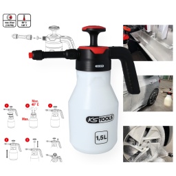 Id&eacute;al pour les travaux de nettoyage des garnitures, des moquettes, des surfaces de travail, des v&eacute;hicules, etc.
Pour la d&eacute;sinfection des installations sanitaires, des salles de bains, des cuisines et dans l&rsquo;industrie alimentaire
Pour diff&eacute;rents produits chimiques comme produits de nettoyage, de lavage et dissolvants...
Permet un contact prolong&eacute; du d&eacute;tergent avec la surface &agrave; nettoyer
R&eacute;cipient en plastique avec jauge
Pression de travail maximale&nbsp;: 8&nbsp;bar
Joints en Viton&reg;
En Poly&eacute;thyl&egrave;ne de grande qualit&eacute;
