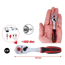 Pour embouts avec entra&icirc;nement ext&eacute;rieur 6 pans selon DIN 3126 / ISO 1173 - C 6,3
R&eacute;versible
Tr&egrave;s robuste gr&acirc;ce &agrave; la technique de double broches
T&ecirc;te extra-fine
Cliquet pr&eacute;cis 80 dents
Poign&eacute;e ergonomique bi-composant avec partie molle
Finition satin&eacute;e
Chrome Vanadium
