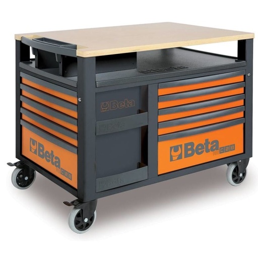 Etabli mobile SuperTank avec plan de travail en bois et 10 tiroirs Orange