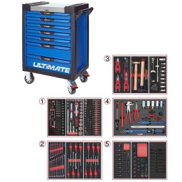 Servante d'atelier 7 tiroirs Ultimate
- Composition 283 outils
Tiroir 1 : Douille 1/4 - douille 1/2 - douille torx femelle et embouts 10mm torx, allen, xzn
Tiroir 2: clés mixtes, tournevis plat, cruciforme, torx
Tiroir 3:pinces, , martellerie, outil de vidange
Tiroir 4: module pneumaticien avec clé dynamon 20-200Nm
Trioir 5: douille choc 1/2 courte, longue, torx et 6 pans mâle
Servante d'atelier kstools. série ultimate. est le modèle de desserte d'atelier. le plus haut de gamme  de la marque. ks tools. 
les tiroirs de la servante d'atelier ultimate, possedent un système de glissière à roulements à billes (résistance 45kg). Equipé du système "one by one"., ouverture d'un seul tiroir a la fois, vous pouvez deplacer votre servante d'atelier sans forcement l'a fermer a clé !
Les tiroirs de cette servante ont une grande capacité. 40cm de profondeur par 57cm de largeur, tout les tiroirs de cette servante d'atelier sont fournis avec un tapis mousse, a installer au fond. 
Le plan de travail des servantes d'atelier Ultimate est recouvert d'un plateau inox et de boitier "range visserie" sur les cotés,
Au niveau du chassis, les pans de cette servante d'atelier sont perfores, se qui vous permet l'instalation de nombreuses options. tel que. un dérouleur de papier, des crochets de fixations...
Cette gamme  de servante d'atelier repond parfaitement au rangement pour le mécanicien, carrossier, mais aussi pour les métiers de l'industrie (rangement d'outils de tours / fraiseuse...) ainsi que des domaines tel que le medical. l'aéronotique...
- construction a pans coupés renforçant la structure du bati
- système "one by one" antibasculement 
- panneau lateral déporté et pré-percé pour fixation de crochet et accessoires
- 2 roues fixes grand diamètre pour une meilleure stabilite et un déplacement aise sur tous types de sols
- 2 roues pivotantes avec système de freinage total
- plan de travail avec rangements et recouvert inox
- tiroirs sur glissieres à billes extra-resistant (45 kg par tiroir)
- tiroirs à ouverture totale
- fermeture totale et simultanee des tiroirs par serrure 
- poignée tubulaire de manutention
- finition "Ultimate"
Composition :
Module 54 pièces douilles et accessoires 1/4’’ ref : 713.1020    
- Cliquet réversible 72 dents
- 1x Poignée emmanchée 1/4’’
- 2x Rallonges 1/4’’ : L. 50 mm et L. 100 mm
- 1x Rallonge flexible : L. 150 mm
- 1x Poignée coulissante T : L. 115 mm
- 1x Cardan universel 1/4"
- 13x Douilles 1/4’’ : 4 - 4,5 - 5 - 5,5 - 6 - 7 - 8 - 9 - 10 - 11 - 12 - 13 - 14 mm
- 8x Douille longue 1/4" : 6 - 7 - 8 - 9 - 10 - 11 - 12 - 13
- 1x Porte embout 1/4" 
- 3x Embouts de vissage Fente 4 - 5,5 - 8 mm 
- 3x Embouts de vissage PHILLIPS® PH 1 - PH 2 - PH3 
- 2x Embouts de vissage POZIDRIV® PZ 1 - PZ 2 
- 6x Embouts de vissage 6 pans : 3 - 4 - 5 - 6 - 7 - 8  mm
- 7x Embouts de vissage TORX® profil E T10 - T15 - T20 - T25 - T27 - T30 - T40
​- 4x Embouts de vissage 12 pans : M4 - M5 - M6 - M8
Module de douilles et accessoires ULTIMATE 1/2'' , 24 pièces ref : 713.1024 
- 1 x Cliquet réversible 72 dents
- 2 x Rallonges : 125 - 250 mm
- 1 x Cadran universel 1/2"
- 1 x Bague coulissante 3/8" x 1/2"
- 17 x Douilles : 10 - 11 - 12 - 13 - 14 - 15 - 16 - 17 - 18 - 19 - 20 - 21 - 22 - 24 - 27 - 30 - 32 mm
- 2 x Douilles longues : 16 - 21 mm
Module d'embouts de vissage et douilles TORX, 88 pièces ref : 713.5010 
- 5 x Douilles TORX 1/4" : E4 - E5 - E6 - E7 - E8
- 4 x Douilles TORX 3/8" : E10 - E11 - E12 - E14
- 3 x Douilles TORX 1/2" : E16 - E18 - E20
- 1 x Douille porte-embouts 1/4" x 1/4"
- 2 x Douilles porte-embouts : 3/8" - 10 mm et 1/2" - 10 mm
- 1 x Rallonge : 30 mm
- 3 x Embouts de vissage Fente : 25 mm x (5,5 - 6,5 - 8,0 mm)
- 3 x Embouts de vissage PHILLIPS : 25 mm x (PH1 - PH2 - PH3)
- 6 x Embouts de vissage PROZIDRIV : 25 mm x (PZ1 - 2 x PZ2 - 3 x PZ3)
- 3 x Embouts de vissage 6 pans : 25 mm x (4 - 5 - 6 mm)
- 15 x Embouts de vissage TORX percé : 25 mm x (2 x T10 - 3 x T15 - 2 x T20 - 3 x T25 - 3 x T30 - 2 x T40)
- 2 x Embouts de vissage Fente : 30 mm x (8 - 10 mm)
- 2 x Embouts de vissage PHILLIPS : 30 mm x (PH2 - PH3)
- 7 x Embouts de vissage 6 pans : 30 mm x (4 - 5 - 6 - 7 - 8 - 10 - 12 mm)
- 9 x Embouts de vissage TORX percé : 30 mm x (T20 - T25 - T27 - T30 - T40 - T45 - T50 - T55 - T60)
- 5 x Embouts de vissage 12 pans : 30 mm (M5 - bM6 - M10 - M12)
- 5 x Embouts longs 6 pans : 75 mm x (5 - 6 - 7 - 8 - 10 mm)
- 8 x Embouts longs TORX percé : 75 mm x (T20 - T25 - T27 - T30 - T40 - T50 - T55 - T60)
- 4 x Embouts longs 12 pans : 75 mm x (M6 - M8 - M10 - M12)
Module de clés mixtes ULTIMATE, 17 pièces ref : 713.2017  
- 17 x Clés mixtes : 6 - 7 - 8 - 9 - 10 - 11 - 12 - 13 - 14 - 15 - 16 - 17 - 18 - 19 - 20 - 21 - 22 mm 
Module de tournevis ULTIMATE Fente - POZIDRIV, 6 pièces ref : 713.5016  
- 4 x Tournevis ULTIMATE Fente : 4 - 5,5 - 6,5 - 8 mm
- 2 x Tournevis ULTIMATE PROZIDRIV : PZ1 - PZ2
Module de tournevis ULTIMATE TORX, 6 pièces ref : 713.5013  
- 6 x Tournevis ULTIMATE TORX : T10 - T15 - T20 - T25 - T30 - T40
Module de pinces, 4 pièces ref : 713.4014
- 1 x Pince coupante diagonale : L. 160 mm 
- 1 x Pince universelle : L. 180 mm
- 1 x Pince à bec demi-rond : L. 200 mm
- 1 x Pince multiprises à verrouillage : L. 250 mm
Module d'outils de frappe manche bois, 9 pièces ref : 713.1101  
- 1 x Burin de carossier extra-plat : 250 mm
- 6 x Chasse goupilles brunis : 3 - 4 - 5 - 6 - 10 mm
- 1 x Marteau rivoir : 600g
- 1 x Maillet à embouts plastique interchangeables : 340g
Module 13 pièces spécial vidange auto ref : 150.9300  
- 6 x Embouts universels pour bouchons de vidange 4 pans : 8 mm - 3/8’’ - 11 mm - 13 mm
- 6 pans : 5/16’’ - 3/8’’- 10 mm - 12 mm - 14 mm - 17 mm - 1/2’’
- 1 x Douille longue 21 mm
- 2 x Douilles tournevis 3/8’’ T40 - T45
- 1 x Poignée coulissante pour rallonges 3/8’’ 250 mm
- 1 x Clé à filtre à huile à sangle Ø 65 - 110 mm
- 1 x Clé à filtre à huile 3 bras Ø 63 - 102 mm
- 1 x Adaptateur 1/2’’- 3/8’’
Module 16 pièces spécial démontage roues ref : 815.1195  
- 1 x Clé dynamométrique 1/2’’ 20 - 200 Nm
- 1 x Carré d’entraînement bouton mat 1/2’’ mat
- 1 x Démonte pneu finition mat, 370 mm
- 1 x Tire-valve, 310 mm
- 1 x Démonte-obus dynamométrique 0,25 Nm
- 1 x Démonte-obus dynamométrique 0,50 Nm
- 1 x Double démonte-obus 1 x Levier spécial enjoliveur
- 1 x Burin en plastique flexible
- 1 x Pince à ressort pour masse d’équilibrage
- 1 x Douille longue à choc 15 mm revêtement ABS
- 1 x Douille longue à choc 17 mm revêtement ABS
- 1 x Douille longue à choc 19 mm revêtement ABS
- 1 x Douille longue à choc 21 mm revêtement ABS
- 1 x Douille longue à choc 22 mm revêtement ABS
- 1 x Pince spéciale démonte cache écrou
Module de douilles longues à chocs 1/2'', 13 pièces ref : 713.1030  
- 13 x Douilles à choc 6 pans : 10 - 12 - 13 - 14 - 16 - 17 - 18 - 19 - 21 - 22 - 23 - 24 - 27 mm
Module de douilles à chocs 1/2'', 17 pièces ref : 713.1031  
- 13 x Douilles à choc 1/2’’: 10 - 12 - 13 - 14 - 16 - 17 -18 - 19 - 21 - 22 - 23 - 24 - 27 mm
- 2 x Réducteur à choc : 3/4"F x 1/2"M - 1/2’’F x 3/4’’M
- 1 x Augmentateur à choc 1/2’’
- 1 x Rallonge à choc 1/2’’: 125 mm 
Module de douilles à chocs 1/2'', 16 pièces ref : 713.1016  
- 8 x Douilles tournevis à choc TORX® 1/2’’: T30 - T40 - T45 - T50 - T55 - T60 - T70 - T80
- 8 x Douilles tournevis à choc 6 pans 1/2’’: 5 - 6 - 8 - 10 - 12 - 14 - 17 - 19 mm
- poids 57kg
- dimension hors tout : l678xl459xh859 (hauteur avec roues 1035mm 
- roue dia 125mm larg 50mm 