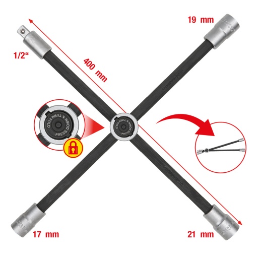 Clé en croix pour roue avec articulation glissante pour voitures - 17 x 19 x 21 mm x 1/2''