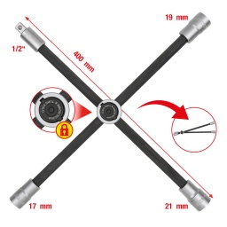 6 pans
Selon DIN 3319 / ISO 6788
Version robuste
Pliable
Croix coulissante
Idéal pour VL, utilitaires et véhicules de livraison
Carré d'entraînement avec bille de maintien selon DIN 3120 / ISO 1174-1
Tête polie
Finition satinée
En acier traité