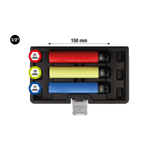Kit de douille d’impact jantes alu extra longue 3 pcs 1/2'' 17 19 21 mm