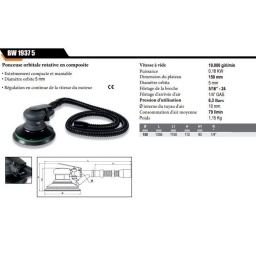 Ponceuse orbitale rotative en matériau composite

• Très compacte et maniable
• Diamètre orbite 5 mm
• Régulation en continu de la vitesse du moteur
Vitesse à vide	10.000 tours/min
Puissance	0,18 kW
Dimensions du plateau	150 mm
Diamètre orbite	5 mm
Filetage de la broche	5/16"-24
Filetage d'arrivée d'air	1/4" GAS
Pression d'utilisation	6,3 bar
Ø intérieur du tuyau d'air	10 mm
Consommation d'air moyenne	79 l/min
Poids	1,15 kg
