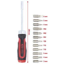 Fonction cliquet
Denture précise de 36 dents
Pour embouts DIN 3126 / C 6,3
Rallonge amovible avec aimant
Chargeur 12 embouts intégré
Avec poignée bi-composant
Lame chromée mate