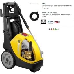 Nettoyeur haute pression pro, pourvu d'un moteur 4 pôles délivrant 1450 tr/min avec protection thermique
- Pompe linéaire avec 3 pistons céramique, tête de pompe en laiton avec vanne by-pass incorporée
- Le clapet d'aspiration et refoulement est en acier inox
- Reservoir detergent pour aspiration indirect
- Régulateur de pression avec manomètre à bain de glycerine
- Support accessoire et flexible, poignée ergonomique
- Pression 130/150 bar
- Débit 660l/h
- Puissance 2900w
- Temp entrée eau max 40C°
- Dimensions 59x37x87cm / 28kg
- Motopompe MP3